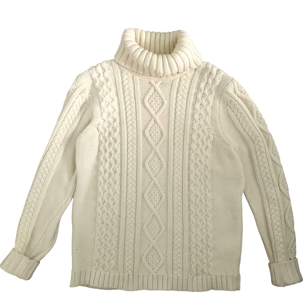 Eddie Bauer Cotton Blend Fisherman Cable Knit Turtleneck Cream Sweater Size:L